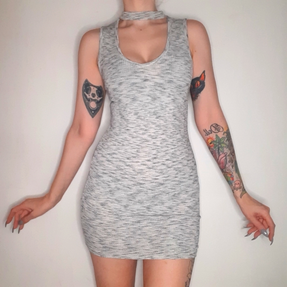 Sirens Revamped Athleisure Heather Grey Rib Knit Bodycon Dress.